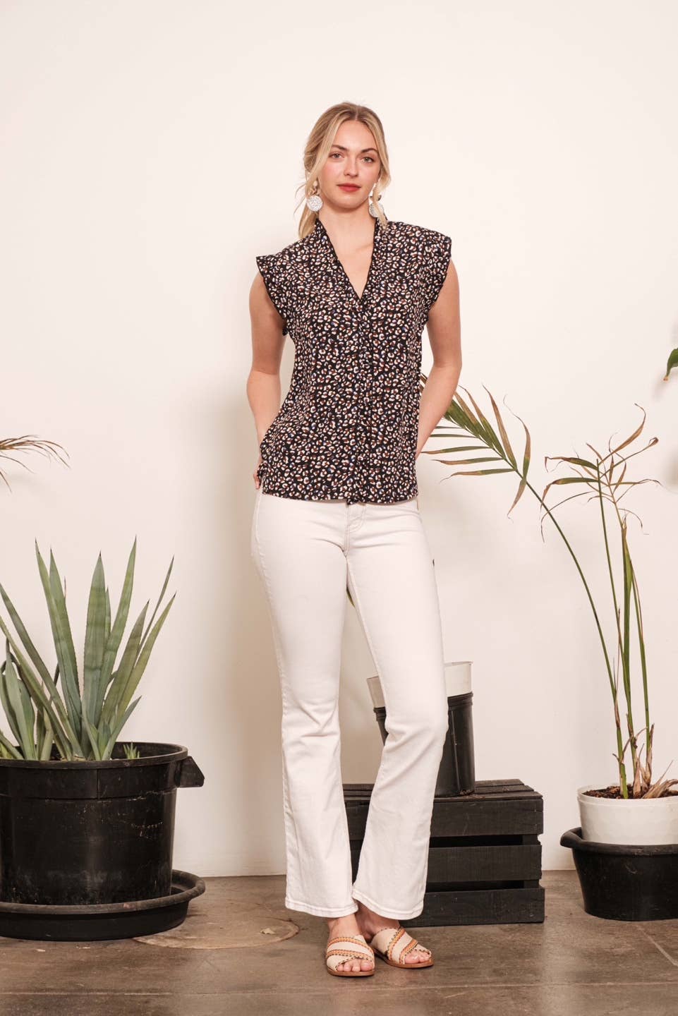 Dot Print Sleeveless Button Down Blouse