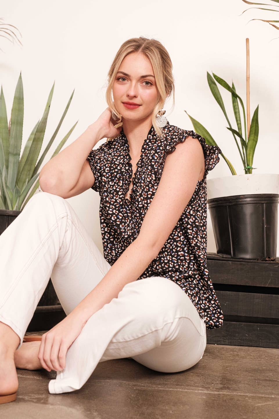 Dot Print Sleeveless Button Down Blouse