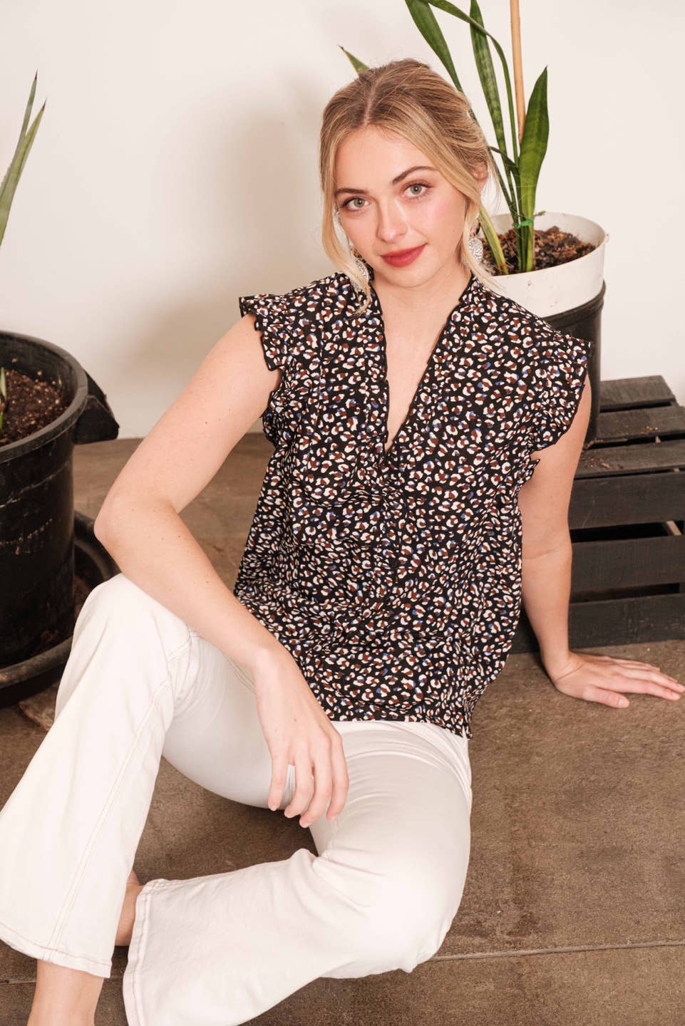 Dot Print Sleeveless Button Down Blouse