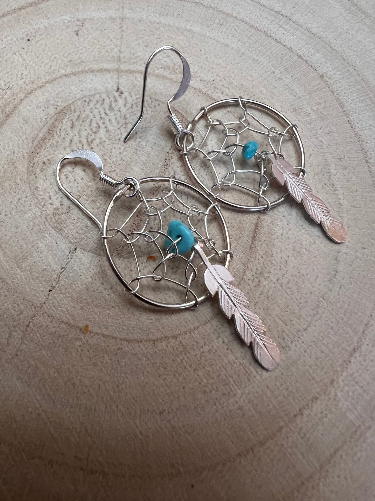 Navajo Handmade Sterling & Kingman Turquoise Dreamcatcher Earring