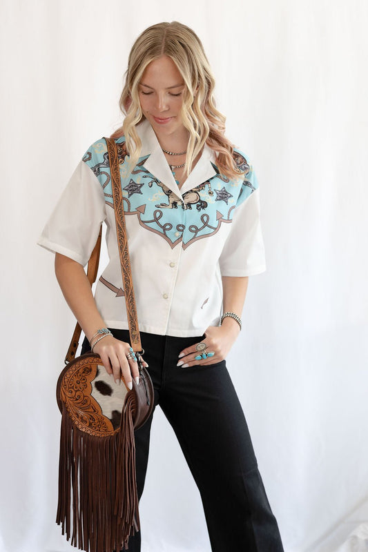 Silver Screen Button Down Short Sleeve Top - small and medium available
