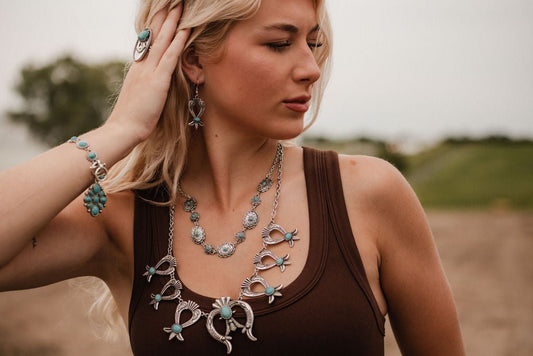Squash Blossom and Faux Turquoise & Earring Set - 24 inch necklace