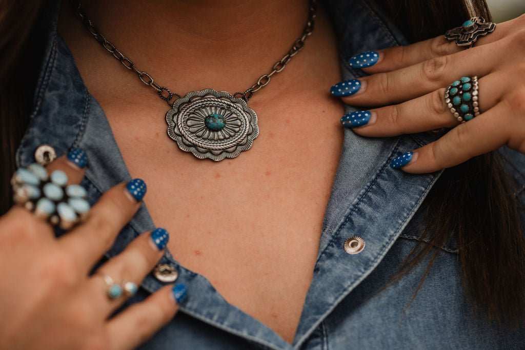 Sterling Concho and Kingman Turquoise Necklace - 18 inch