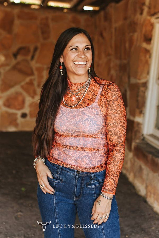 Tooled Long Sleeve Mesh Top