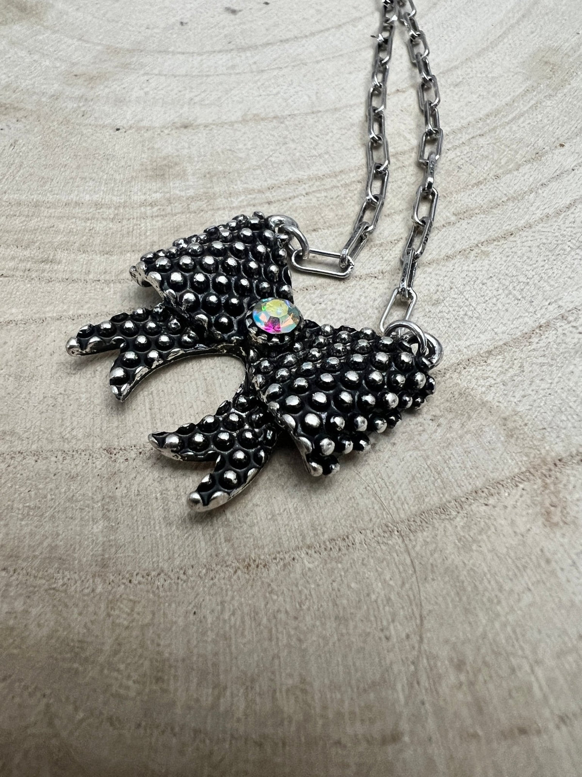 Western Bow Design Rhinestone Ribbon Necklace — Paperclip Chain with Western Pattern Ribbon (18 Inch)