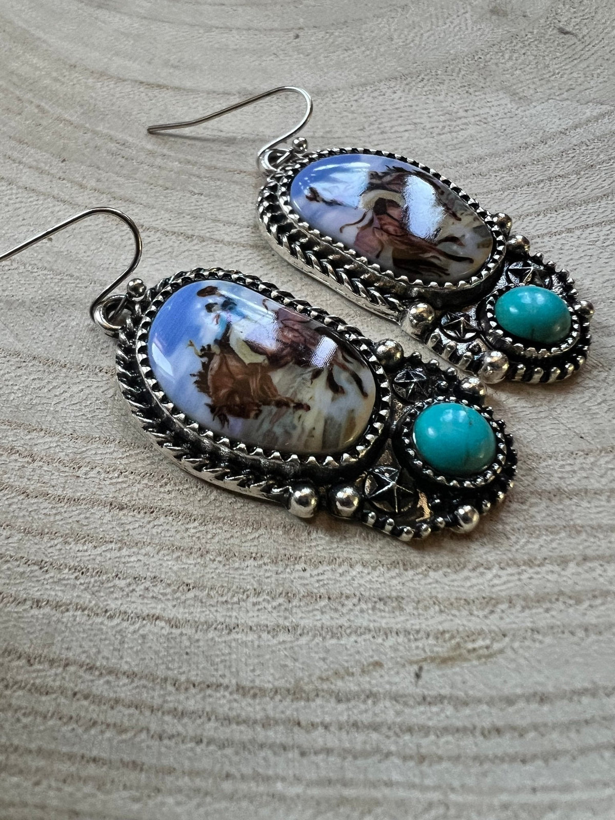 Western Bronc Print Oval & Faux Turquoise Earrings — Matching Rodeo Set