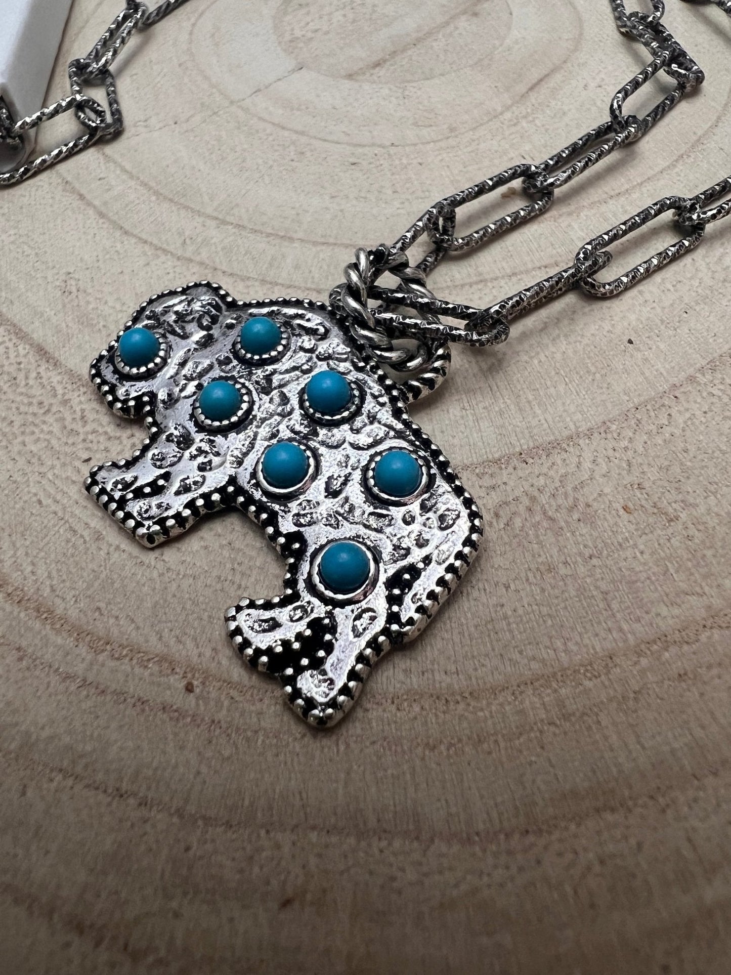 Western Buffalo and Faux Turquoise Necklace - 18 inch + 3