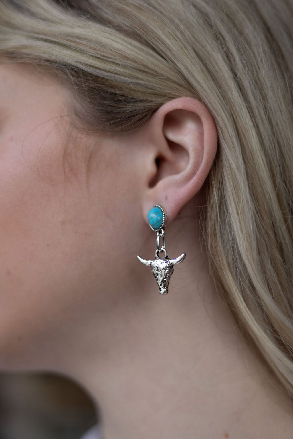 Western Bull Skull Dangle Earrings with Faux Turquoise - 1 1/2 inch drop