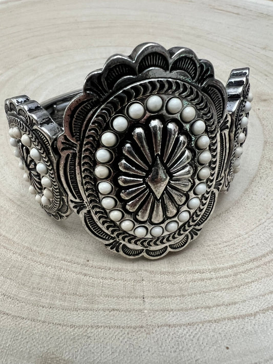Western Concho and White Stone Faux Wide Statement Stretch Bracelet