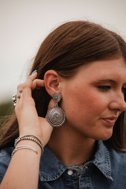 Western Concho Dangle Earrings with Faux Turquoise