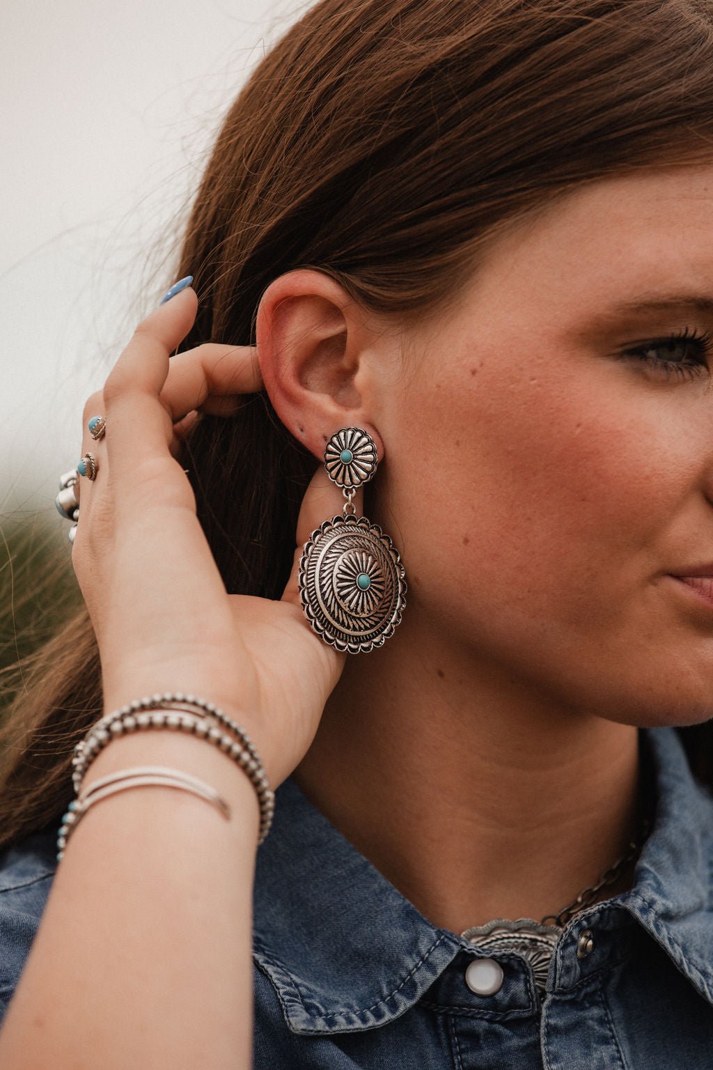Western Concho Dangle Earrings with Faux Turquoise