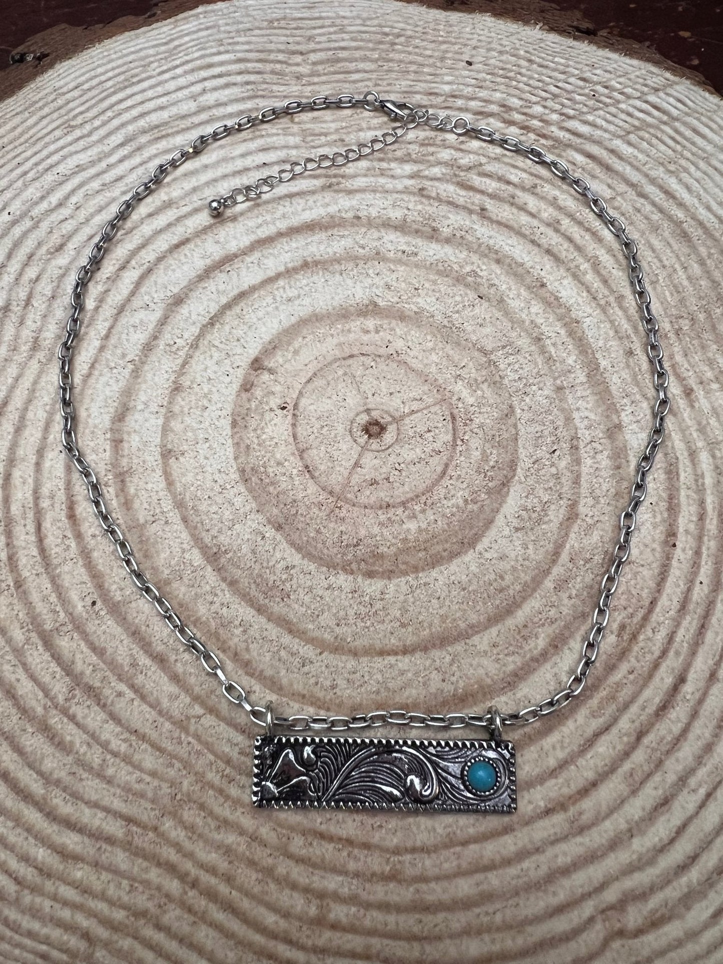 Western Faux Tooled Bar Necklace with Faux Turquoise - 18 inch + 3