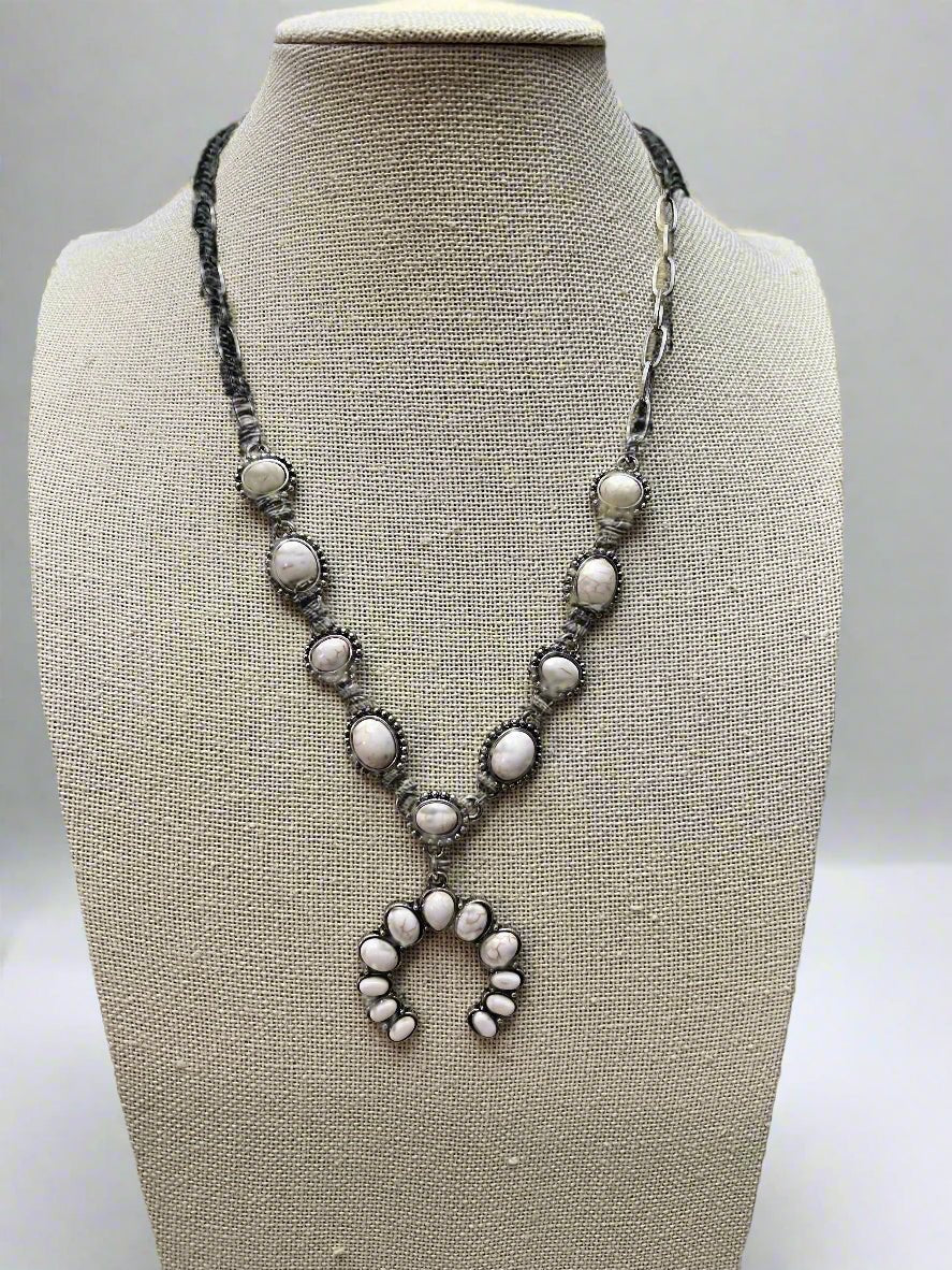 White Stone Faux Squash Blossom Necklace - 16 inch + 3